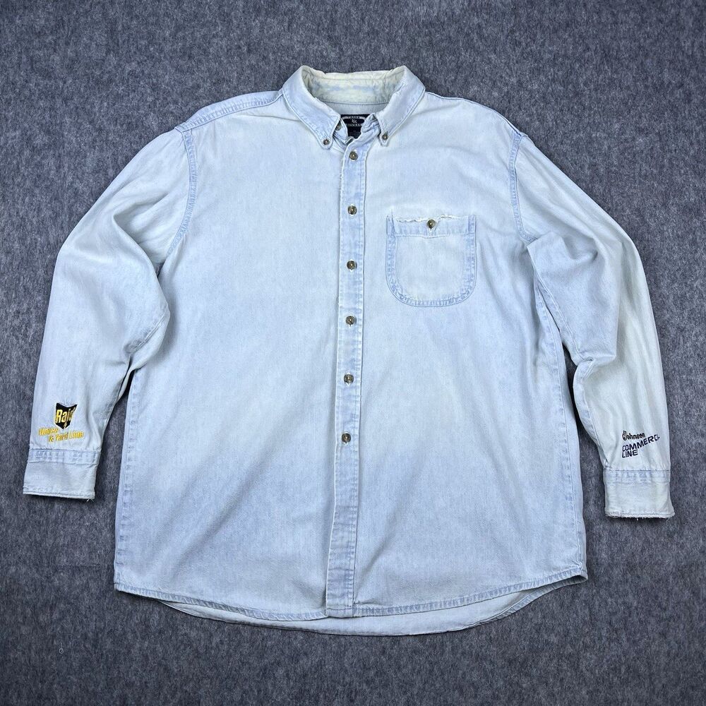 Vintage Three Rivers Men's Button Down Denim Shirt Pest Control Raid 90's Sz XL